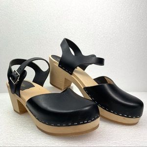 SWEDISH HASBEENS Sky T-Strap Pump Black Leather Slingback Shoes - Women's 39